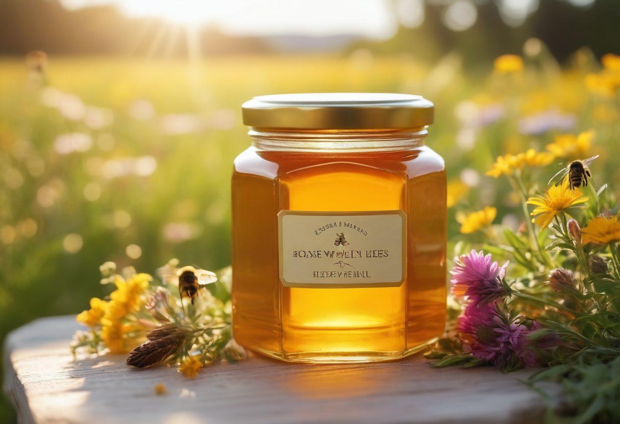 A beautifully arranged honey jar surrounded by vibrant wildflowers, with bees gently buzzing around. Include a soft-focus background of a sunlit landscape highlighting a wellness theme, such as herbal plants or yoga mats. The color palette should be warm and inviting, reflecting the golden tones of honey and the fresh greens of wellness. super-realistic. vibrant colors. soft focus.