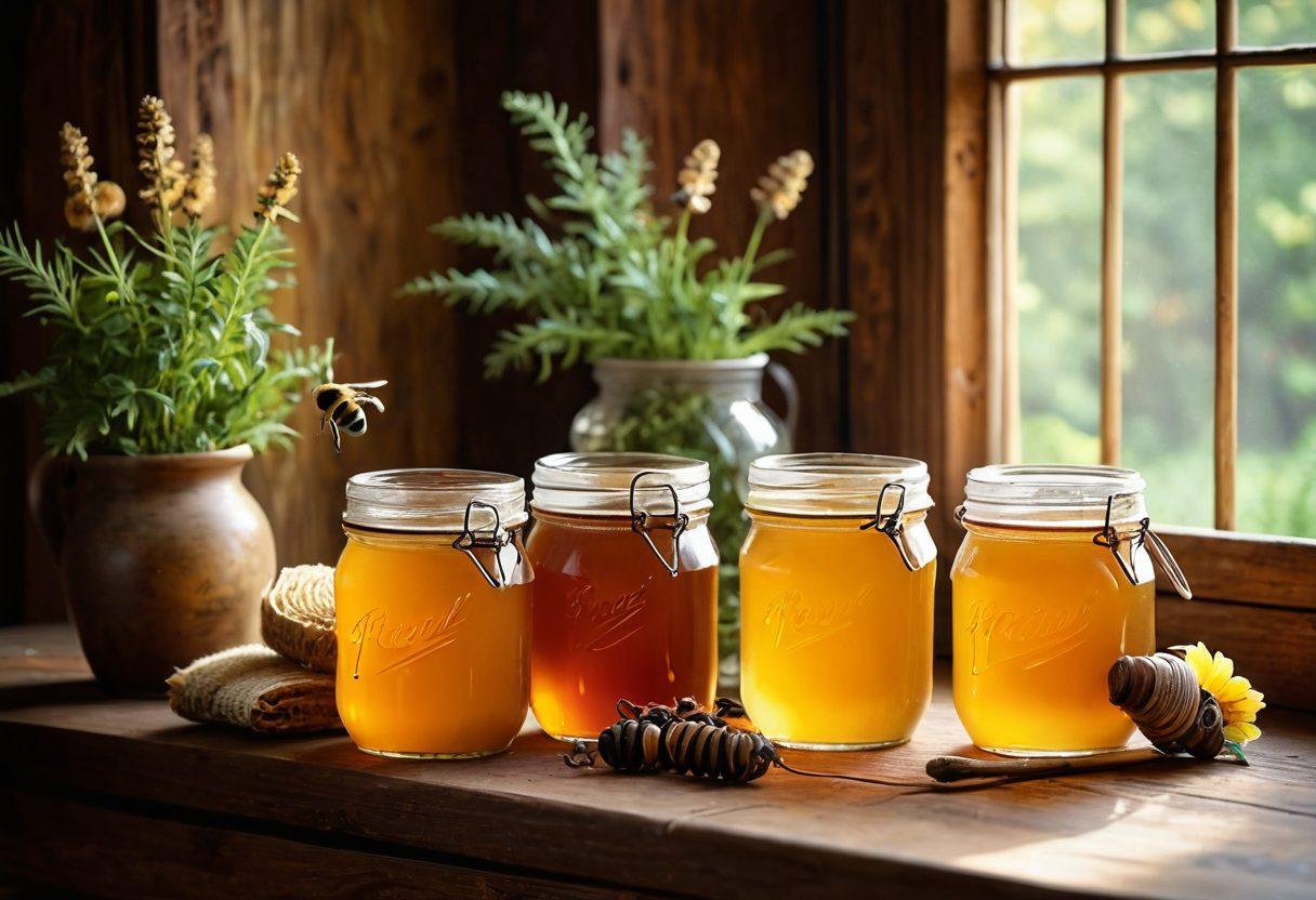 A cozy kitchen scene featuring a jar of golden, glistening honey on a rustic wooden table, surrounded by fresh herbs and fruit, with a warm, inviting atmosphere. A honey dipper rests beside the jar, and soft sunlight filters through a window to illuminate the scene. In the background, a beehive motif is subtly incorporated into the wall decor, emphasizing the connection between bees and health. super-realistic. warm tones. inviting atmosphere.