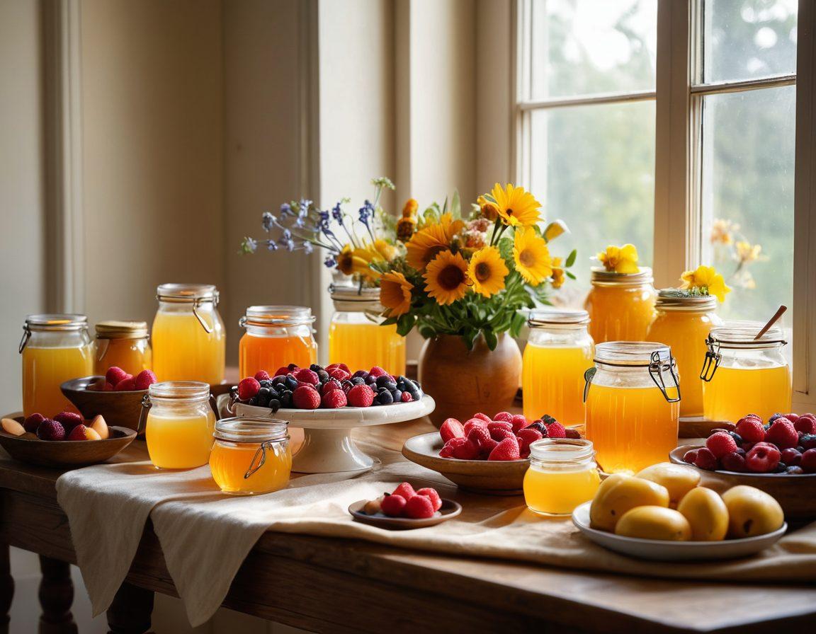 A beautifully arranged table showcasing an array of creative honey-based recipes, including drizzled honey on fresh fruit, honey-infused desserts, and golden jars of raw honey. Soft sunlight filters through a window, casting a warm glow on the scene, highlighting the richness of textures and colors. Accent with bees and wildflowers to symbolize the source of honey. A cozy kitchen atmosphere adds warmth and comfort to the image. realistic photography. warm tones. natural light.